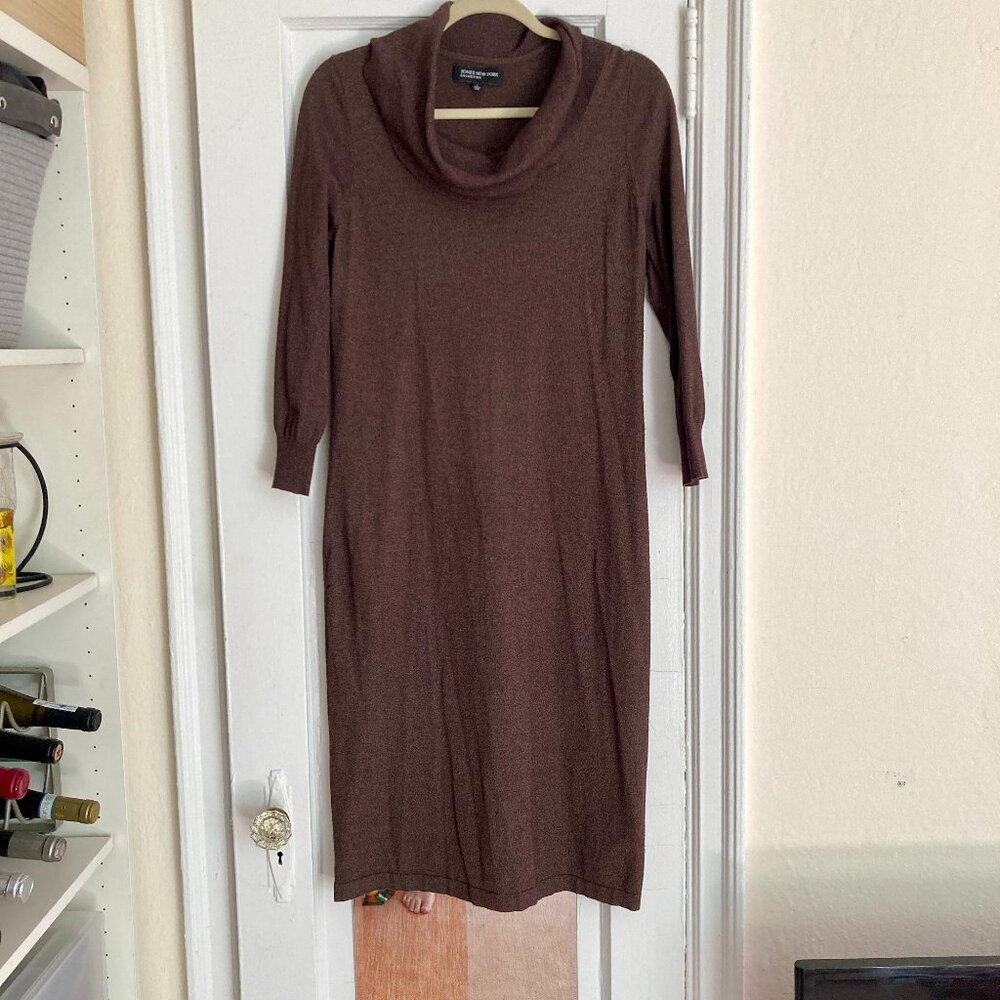 Jones New York Brown Cowl Neck Sweater Dress Size L Knit 3/4 Sleeve